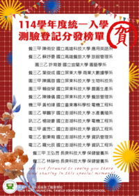 【教務處公告】🎉🎉二喜～！114學年度統一入學測驗登記分發放榜名單來啦～圖片