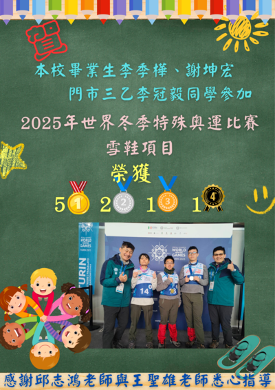 賀!本校畢業生李季樺、謝坤宏與門市三乙李冠毅同學參加2025年世界冬季特殊奧運雪鞋項目，榮獲5金2銀1銅1第四！感謝邱志鴻老師與王聖雄老師悉心指導!圖片