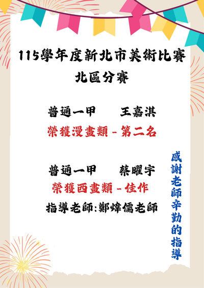 普通一甲王嘉淇榮獲漫畫類 - 第二名 2.普通一甲蔡曜宇榮獲西畫類 - 佳作(指導老師:鄭煒儒老師)